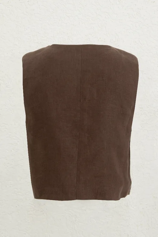 Bayan Kahverengi %100 Keten Yelek - BSL