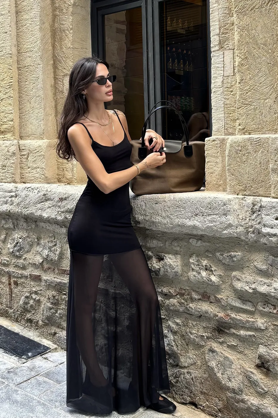 Bayan Siyah Askılı Maksi Tül Detaylı Elbise