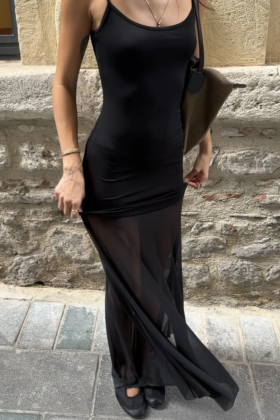 Bayan Siyah Askılı Maksi Tül Detaylı Elbise