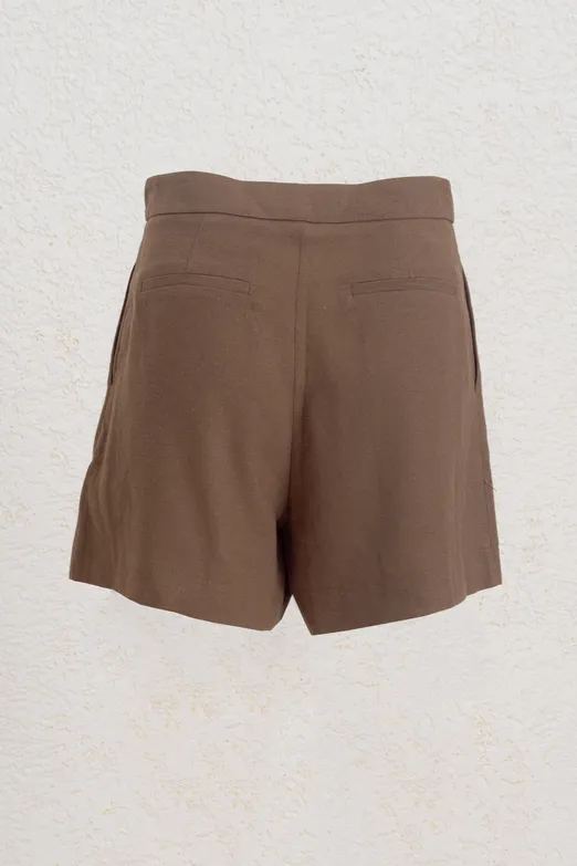 Bayan Kahverengi Keten Pileli Mini Şort - BSL