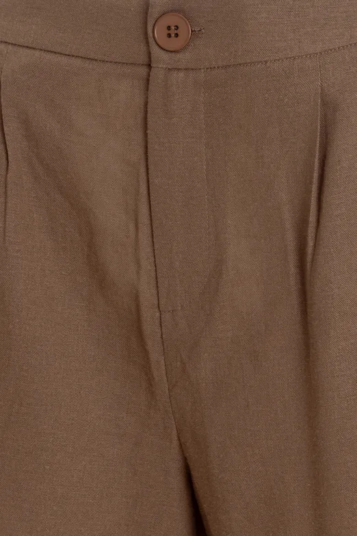 Bayan Kahverengi Keten Pileli Mini Şort - BSL