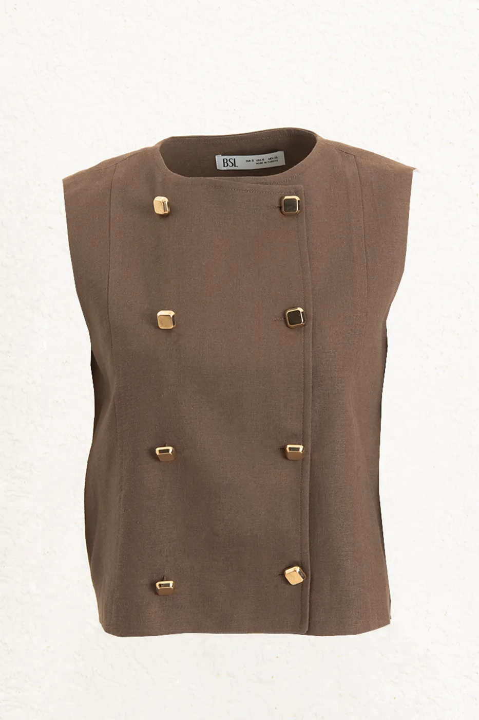 Bayan Kahverengi Keten Metal Düğme Detaylı Yuvarlak Yakalı Yelek