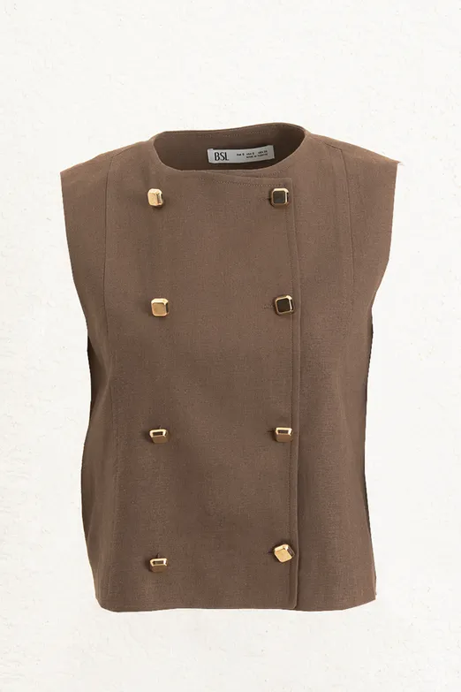 Bayan Kahverengi Keten Metal Düğme Detaylı Yuvarlak Yakalı Yelek - BSL
