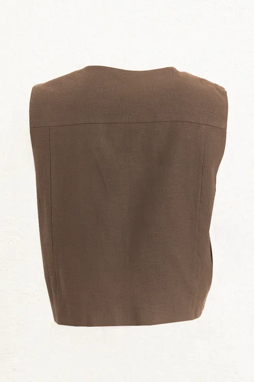 Bayan Kahverengi Keten Metal Düğme Detaylı Yuvarlak Yakalı Yelek - BSL