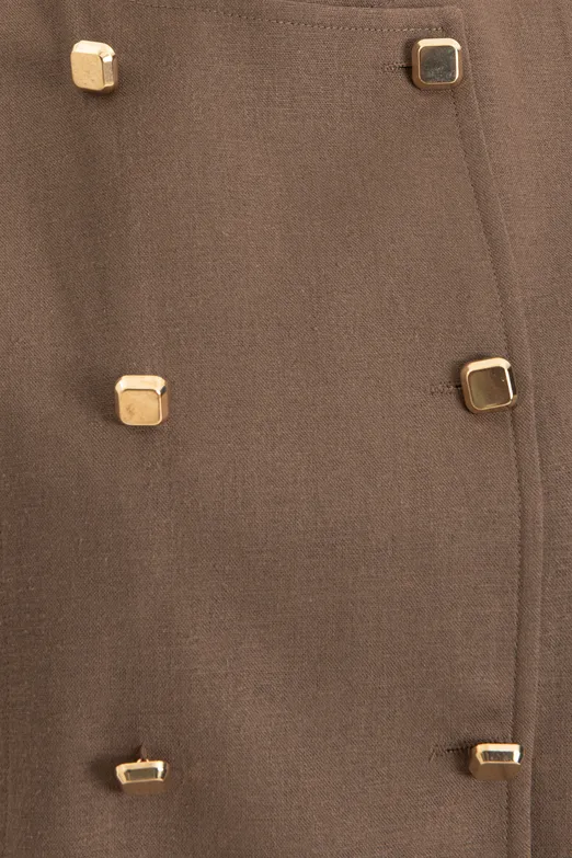 Bayan Kahverengi Keten Metal Düğme Detaylı Yuvarlak Yakalı Yelek - BSL