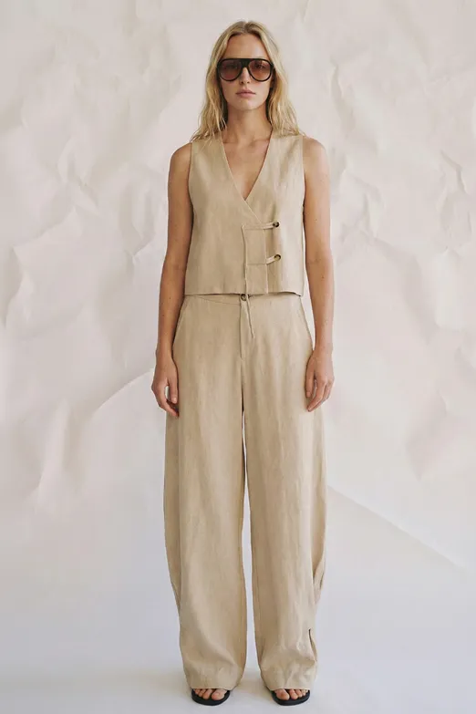 Bayan Bej Balon Kesim Keten Pantolon - BSL