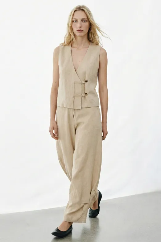 Bayan Bej Balon Kesim Keten Pantolon - BSL