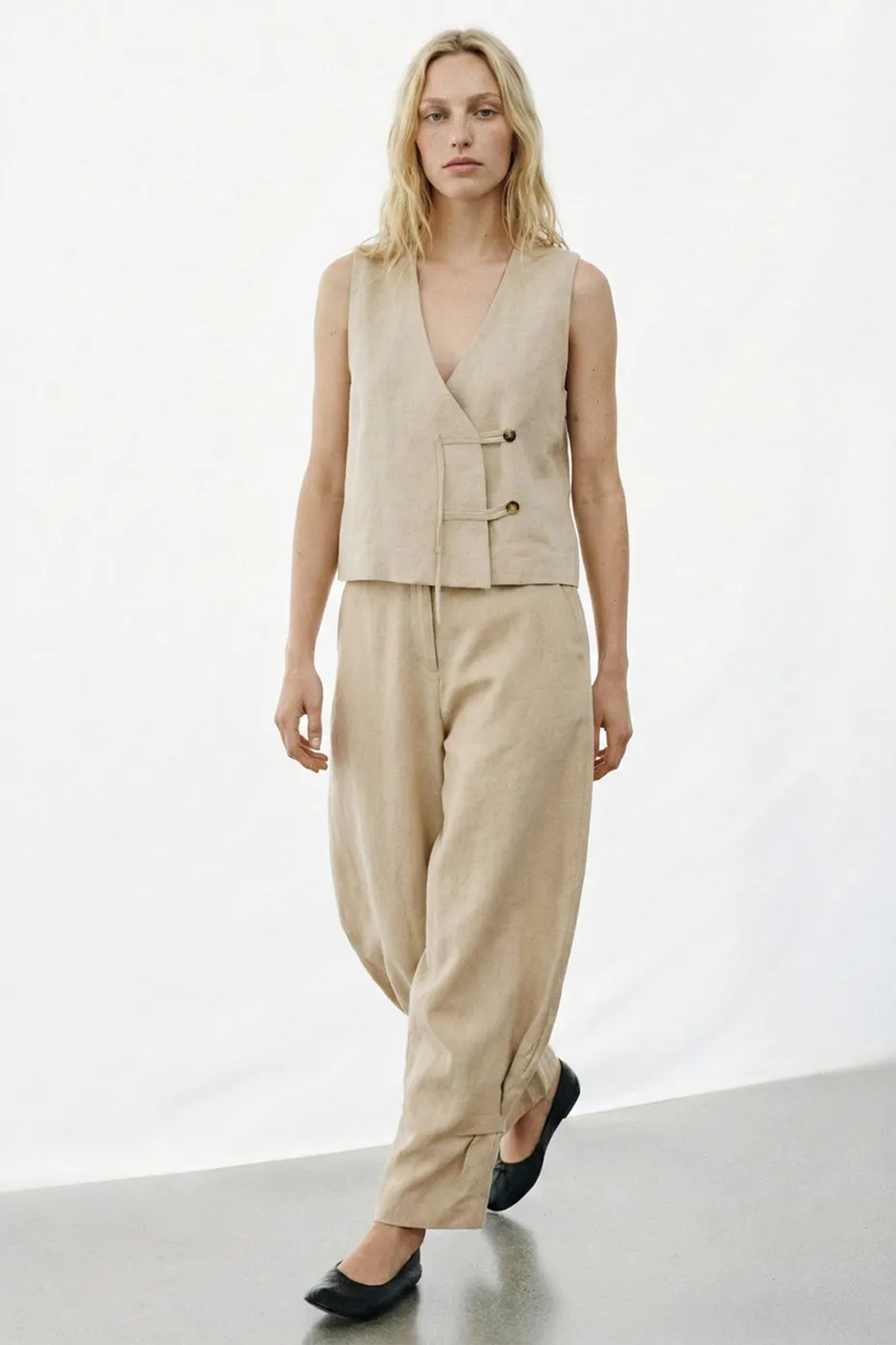 Bayan Bej Balon Kesim Keten Pantolon