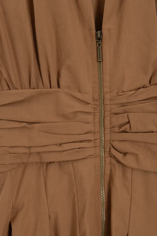 Bayan Camel Piliseli Cotton Midi Elbise - BSL