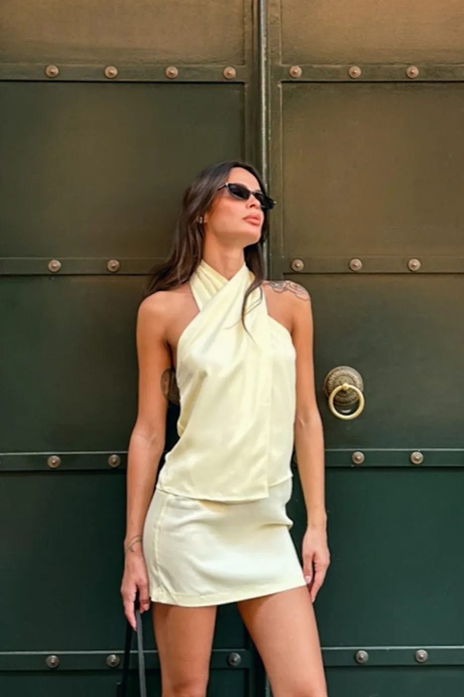 Bayan Sarı Saten Çapraz Bağlamalı Bluz