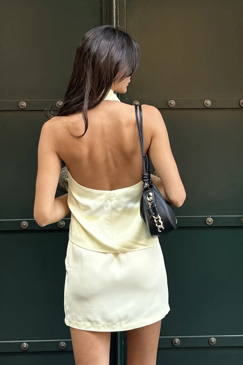 Bayan Sarı Saten Çapraz Bağlamalı Bluz