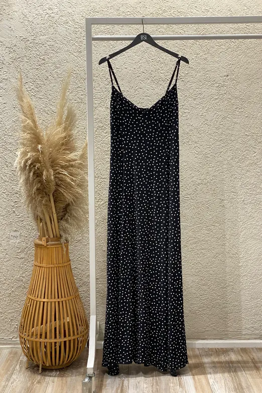 Bayan Siyah Askılı Puantiyeli Maksi Elbise - BSL