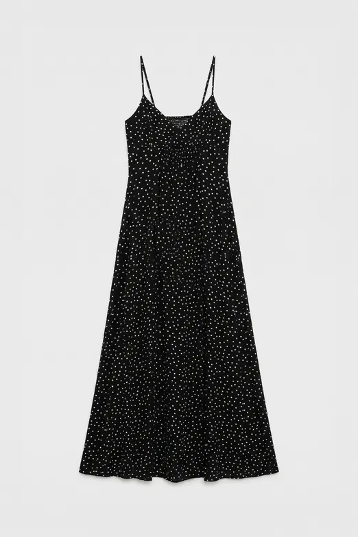 Bayan Siyah Askılı Puantiyeli Maksi Elbise - BSL