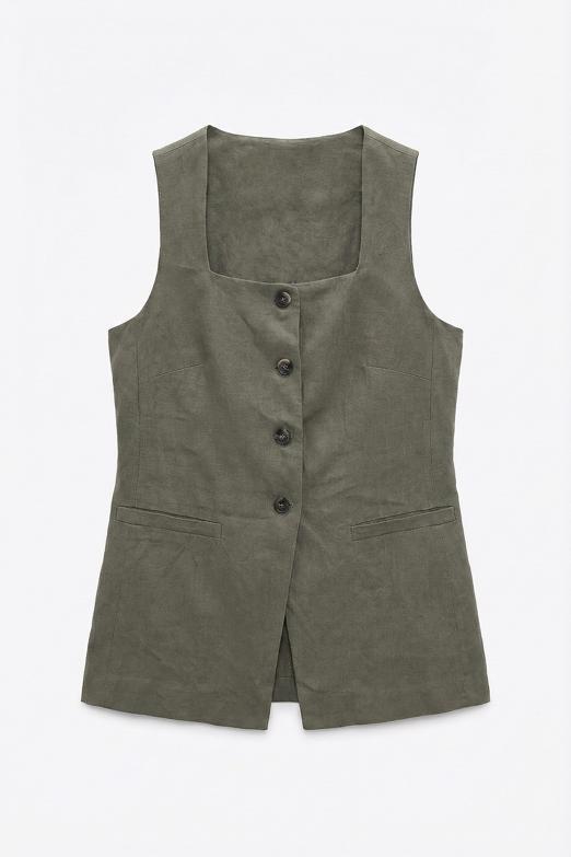 Bayan  Kare Yakalı Keten Yelek