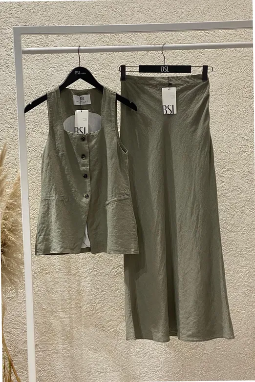 Bayan Haki Kare Yakalı Keten Yelek - BSL