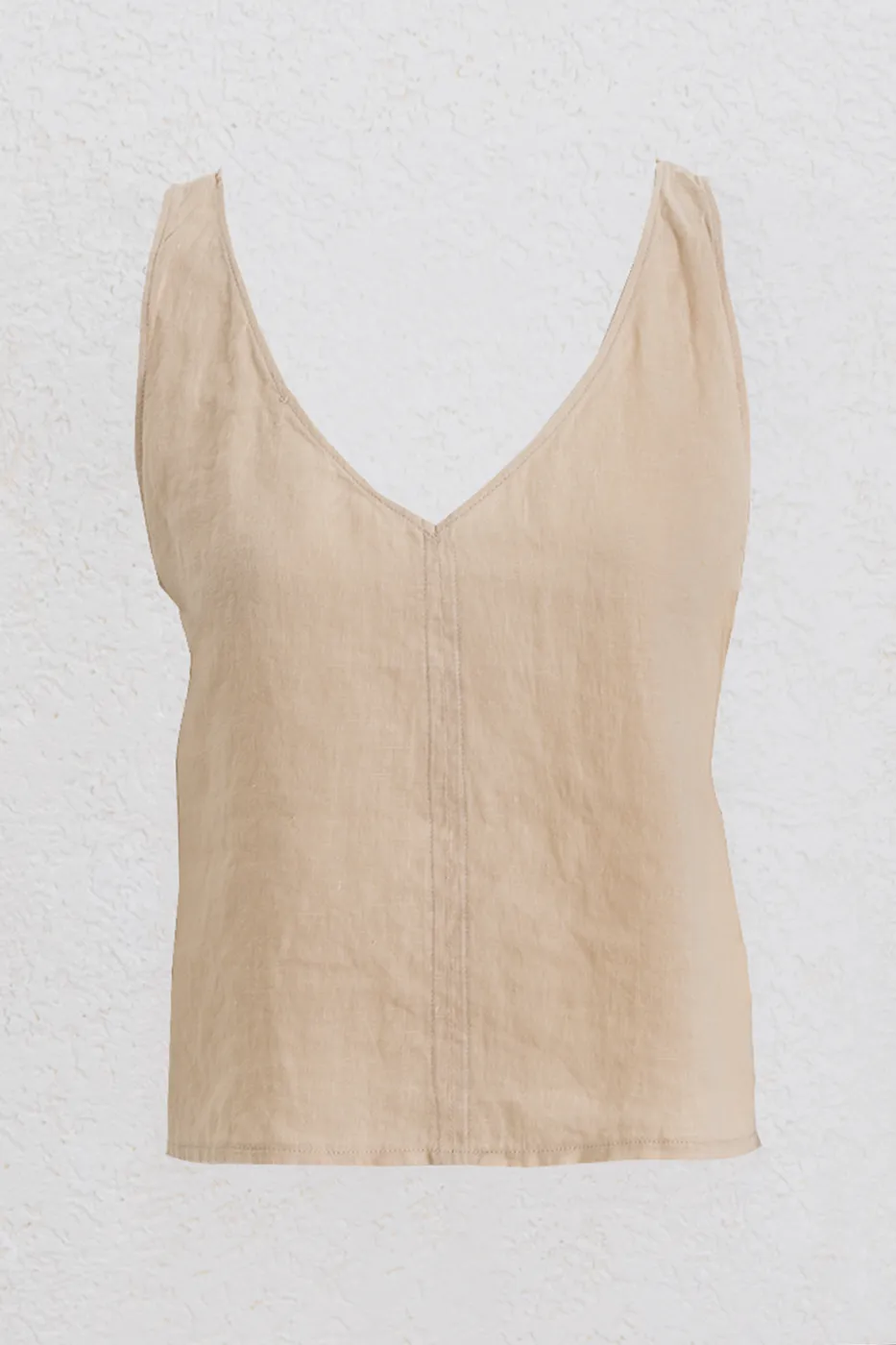 Bayan Bej % 100 Keten V Yakalı Bol Bluz