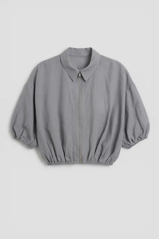 Bayan Gri Crop Balon Bluz - BSL