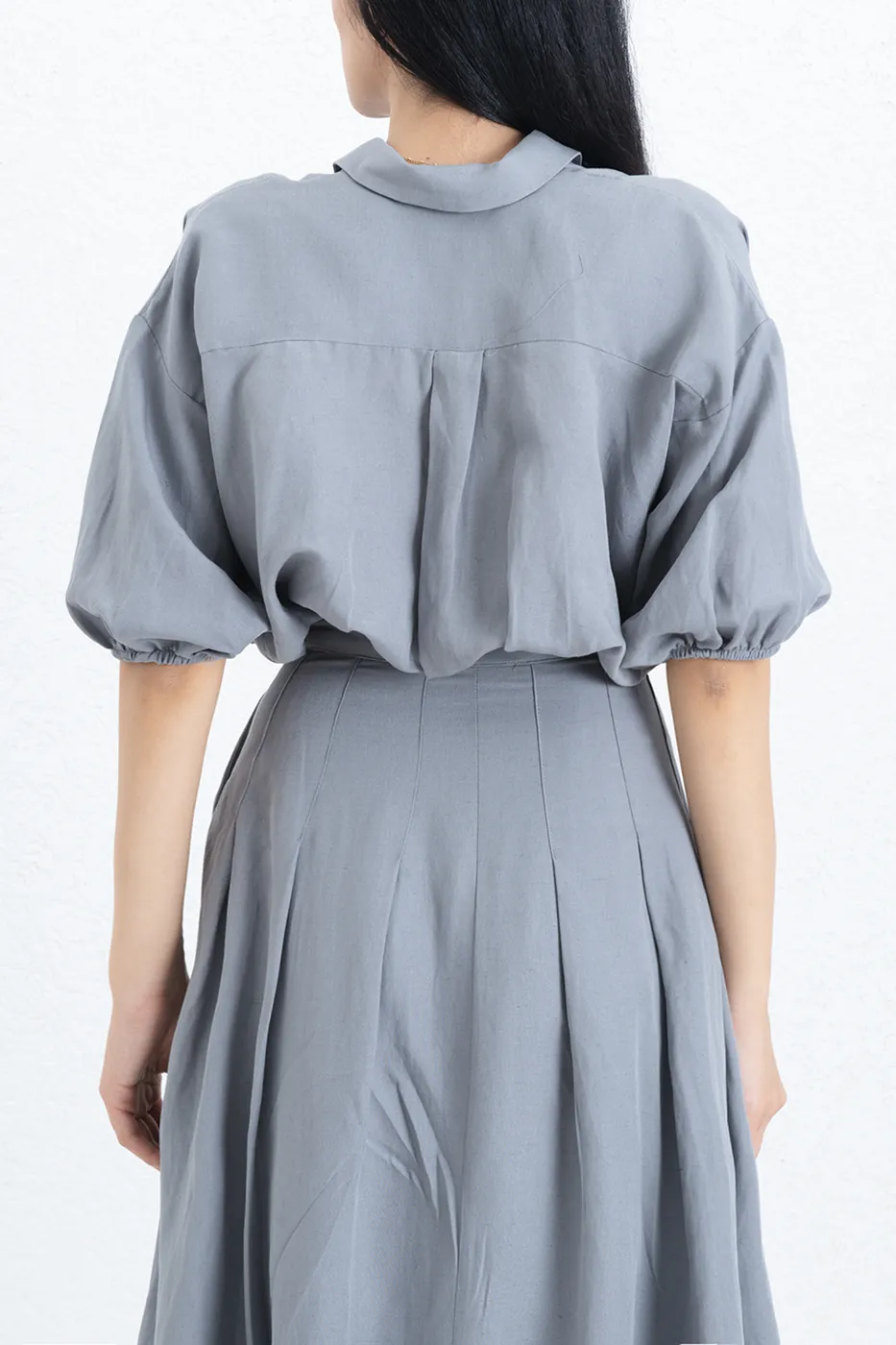 Bayan Gri Crop Balon Bluz