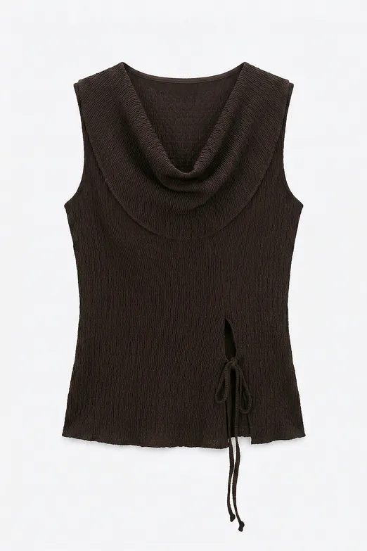 Bayan Kahverengi Degaje Yakalı Dokulu Bağlama Detaylı Bluz - BSL