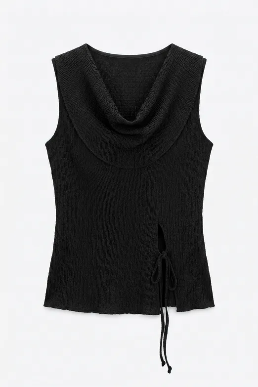 Bayan Siyah Degaje Yakalı Dokulu Bağlama Detaylı Bluz - BSL