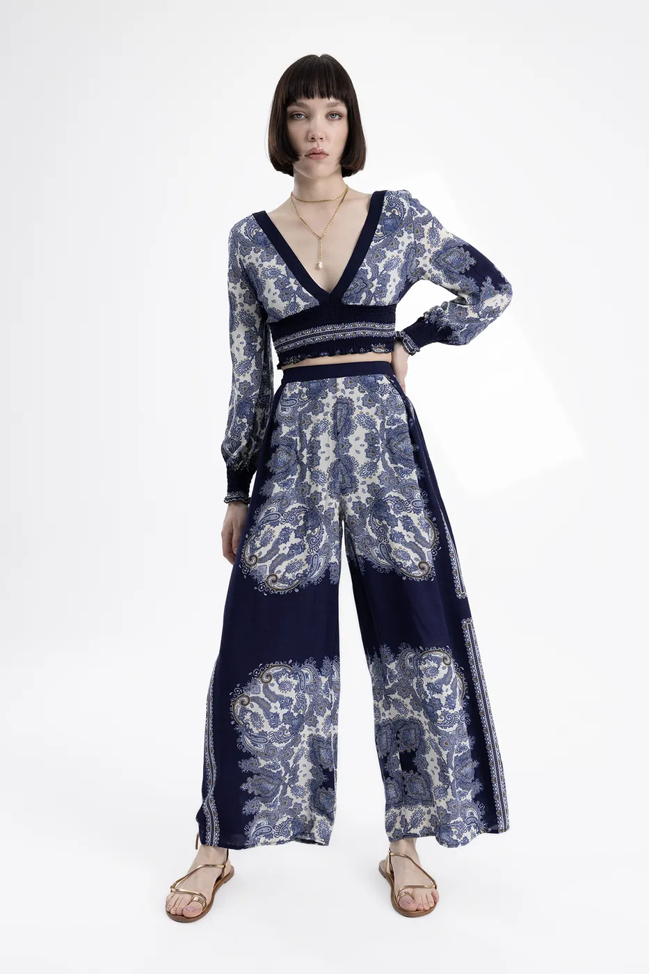 Bayan Lacivert Desenli Düz Kesim  Bol Pantolon