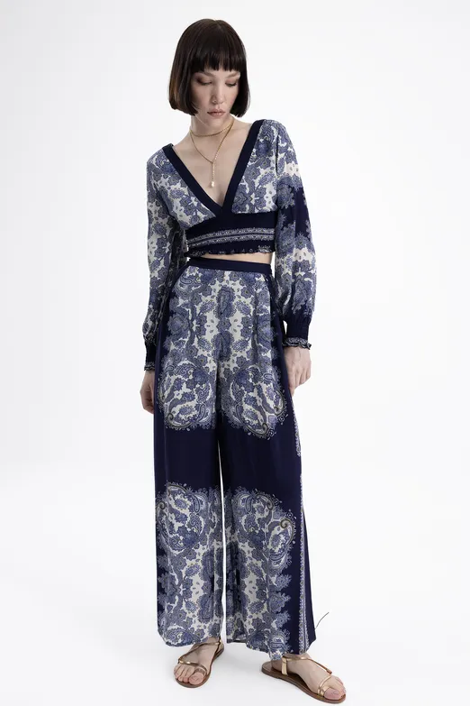 Bayan Lacivert Desenli Düz Kesim Bol Pantolon - BSL