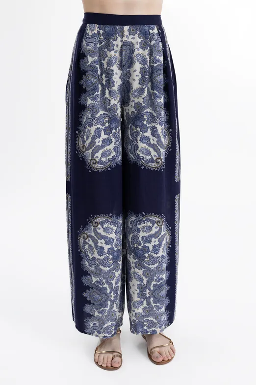 Bayan Lacivert Desenli Düz Kesim Bol Pantolon - BSL