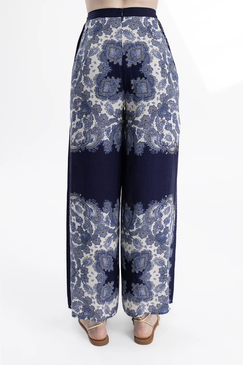 Bayan Lacivert Desenli Düz Kesim  Bol Pantolon