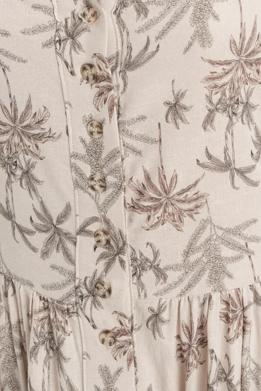 Bayan Bej Düğmeli  Askılı Keten Karışım  Midi  Elbise - BSL