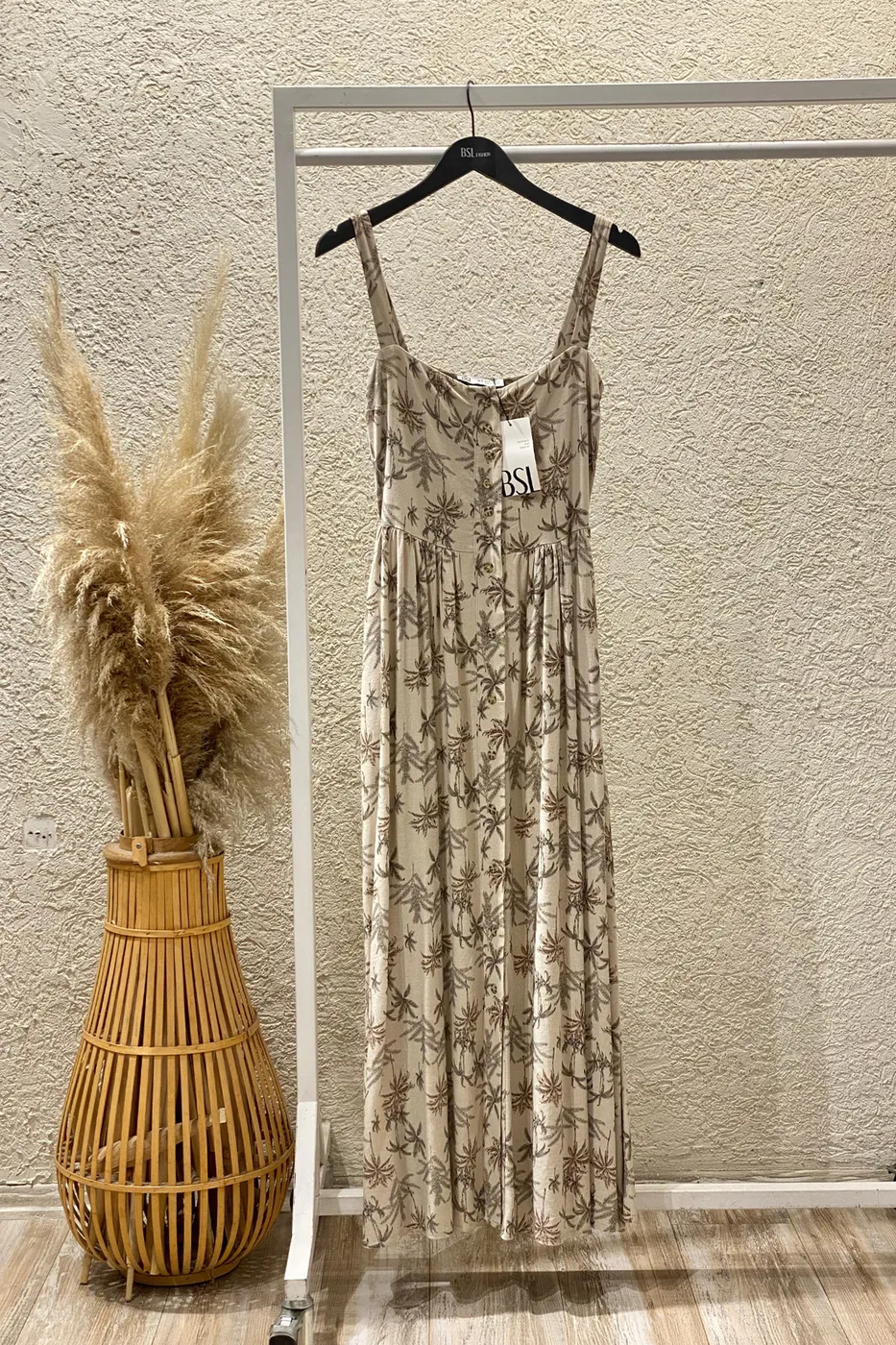 Bayan Bej Düğmeli  Askılı Keten Karışım  Midi  Elbise