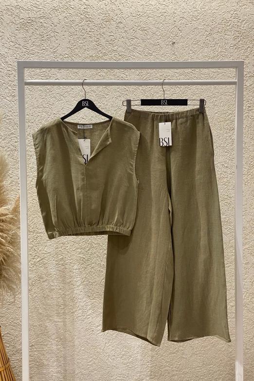 Dökümlü %100 Keten Pantolon