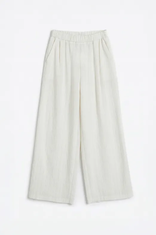 Bayan Ekru Keten Karışımlı Bol Pantolon - BSL