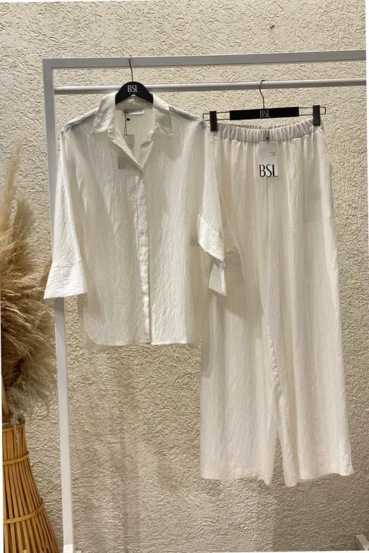 Bayan Ekru Keten Karışımlı Bol Pantolon - BSL