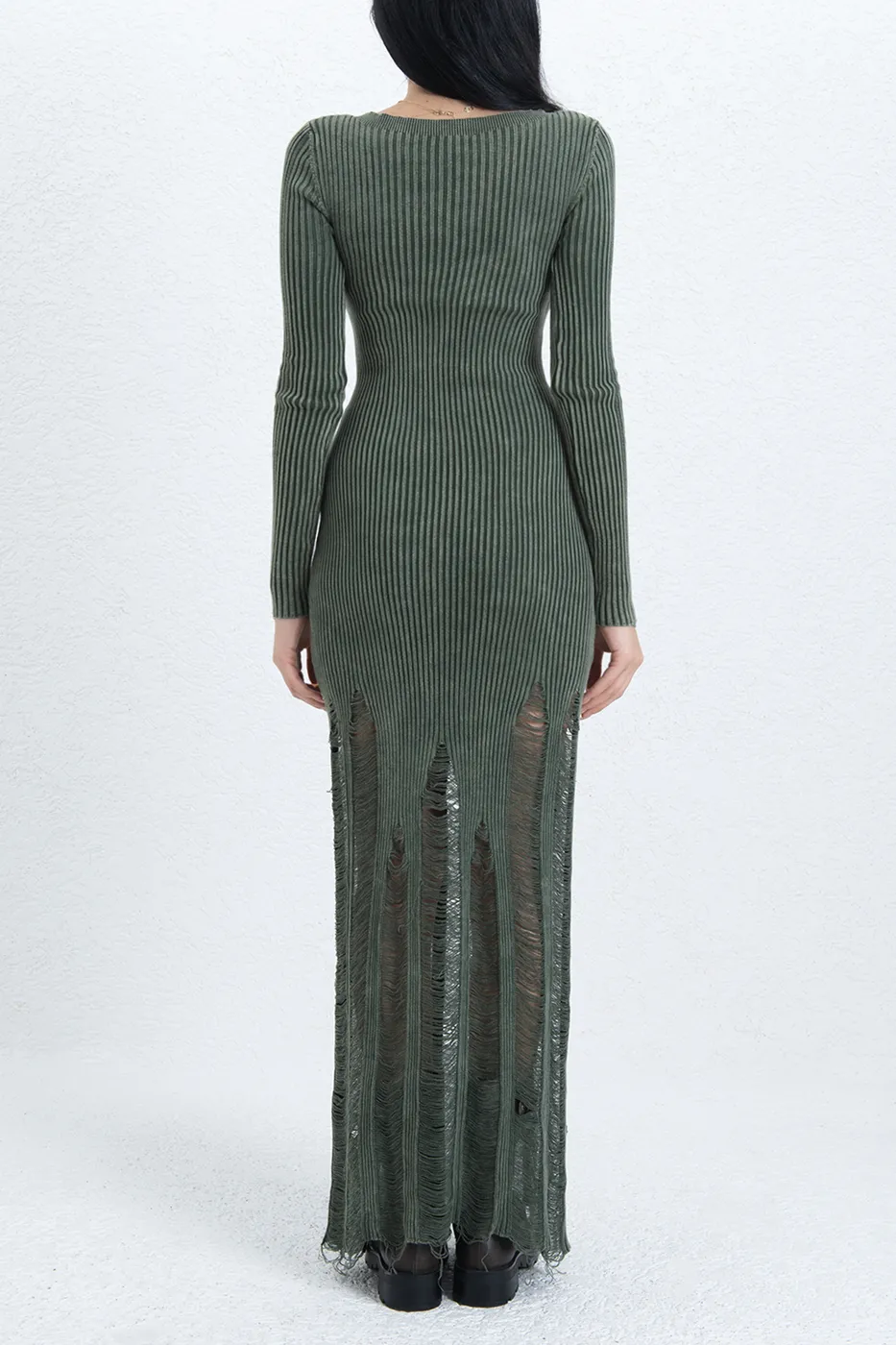 Bayan Haki Yıpratmalı Triko Kalem Midi Elbise