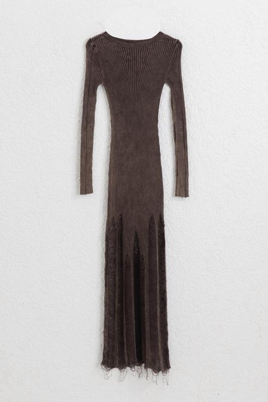 Yıpratmalı Triko Kalem Midi Elbise