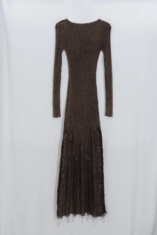 Bayan Kahverengi Yıpratmalı Triko Kalem Midi Elbise - BSL