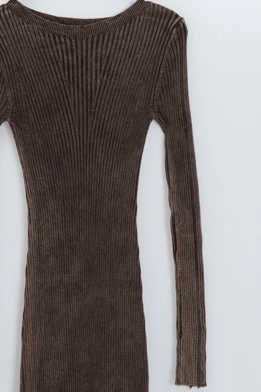 Bayan Kahverengi Yıpratmalı Triko Kalem Midi Elbise - BSL