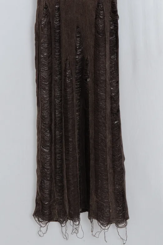 Bayan Kahverengi Yıpratmalı Triko Kalem Midi Elbise - BSL