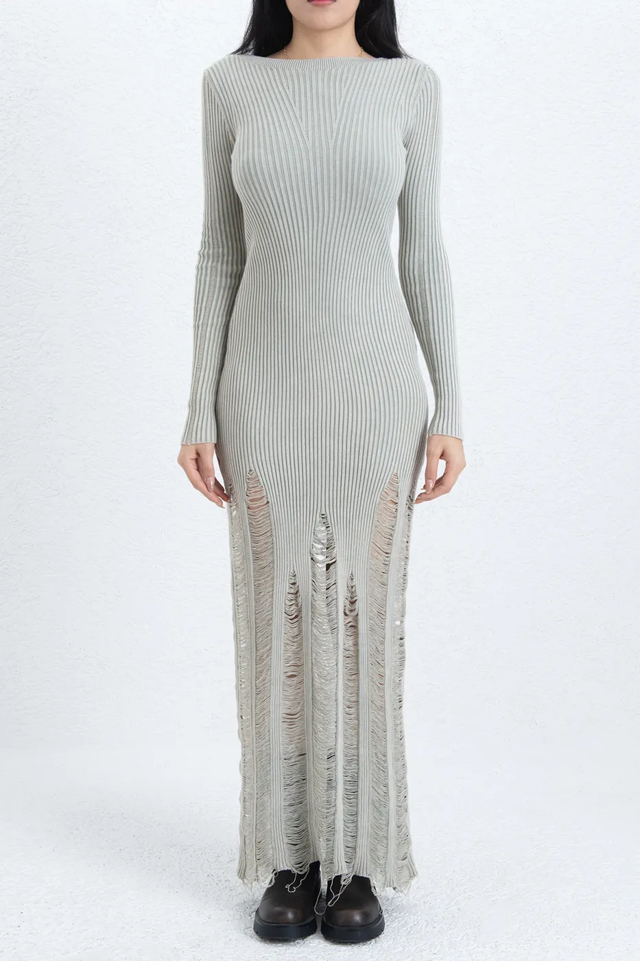 Bayan Taş Yıpratmalı Triko Kalem Midi Elbise