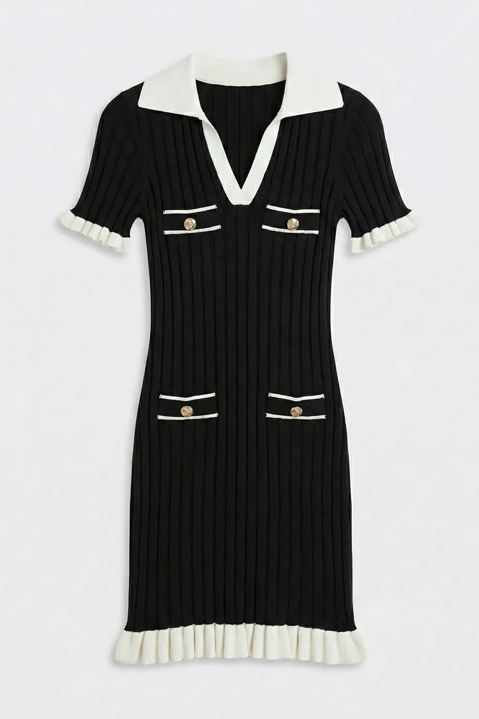 Bayan Siyah Fitilli Düğme Detaylı Triko Mini Elbise