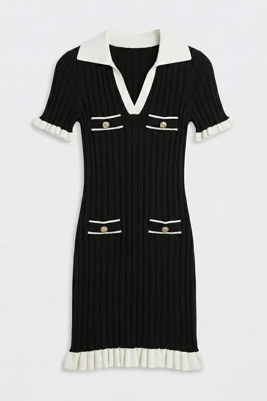 Bayan Siyah Fitilli Düğme Detaylı Triko Mini Elbise - BSL