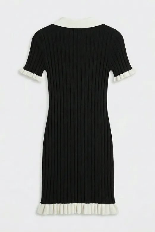 Bayan Siyah Fitilli Düğme Detaylı Triko Mini Elbise - BSL