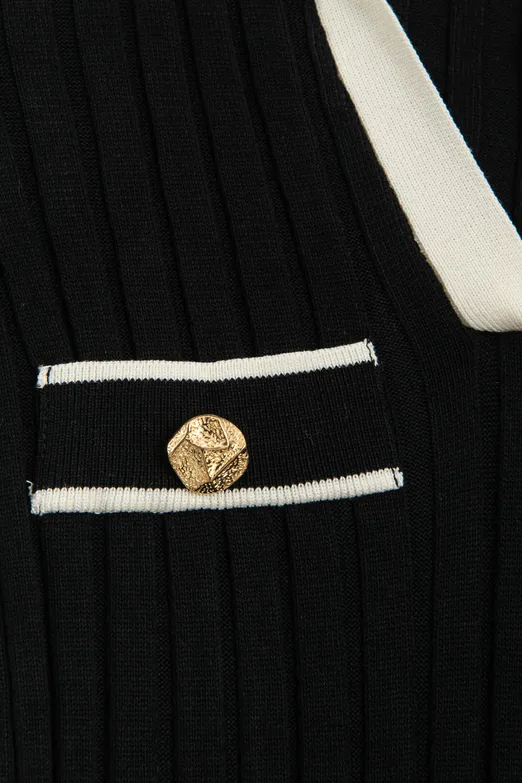 Bayan Siyah Fitilli Düğme Detaylı Triko Mini Elbise - BSL