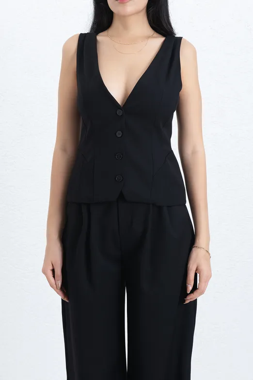 Bayan Siyah Vücuda Oturan Fit Yelek - BSL