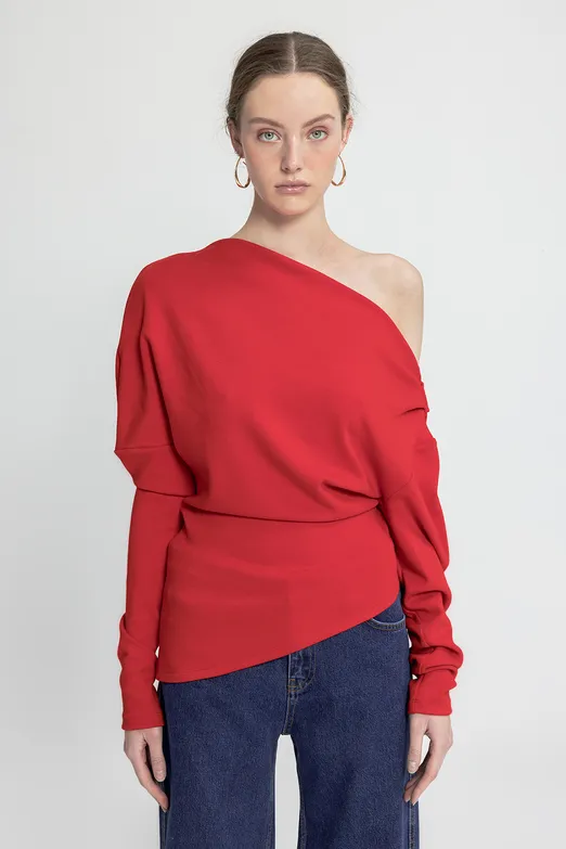 Bayan Kırmızı Drapeli Omuz Açık Bluz - BSL