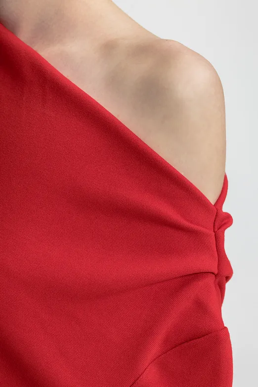 Bayan Kırmızı Drapeli Omuz Açık Bluz - BSL