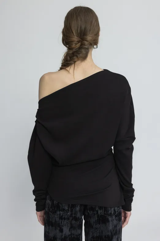 Bayan Siyah Drapeli Omuz Açık Bluz - BSL