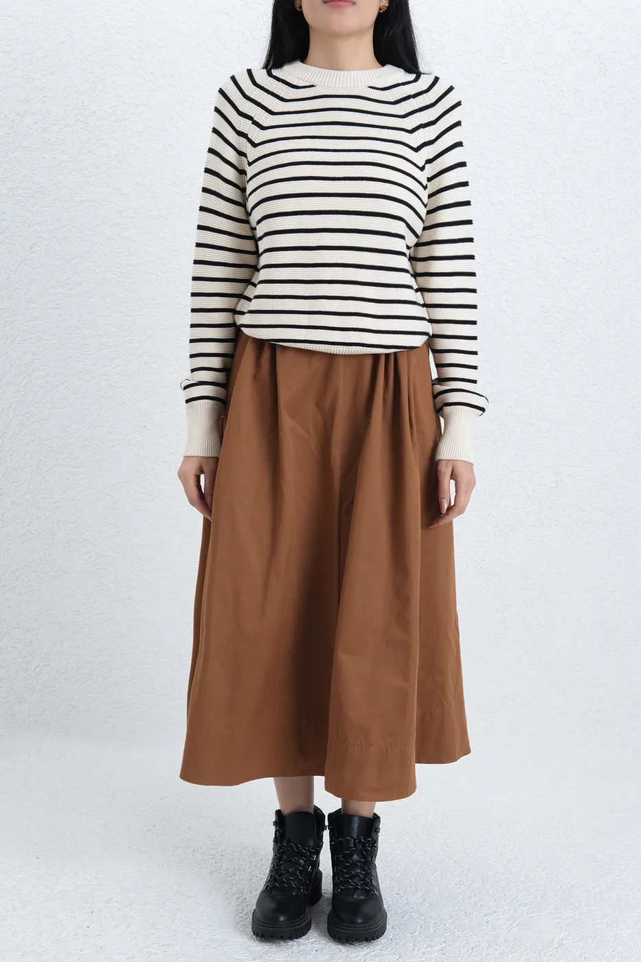 Bayan Kahverengi Pileli Midi Etek