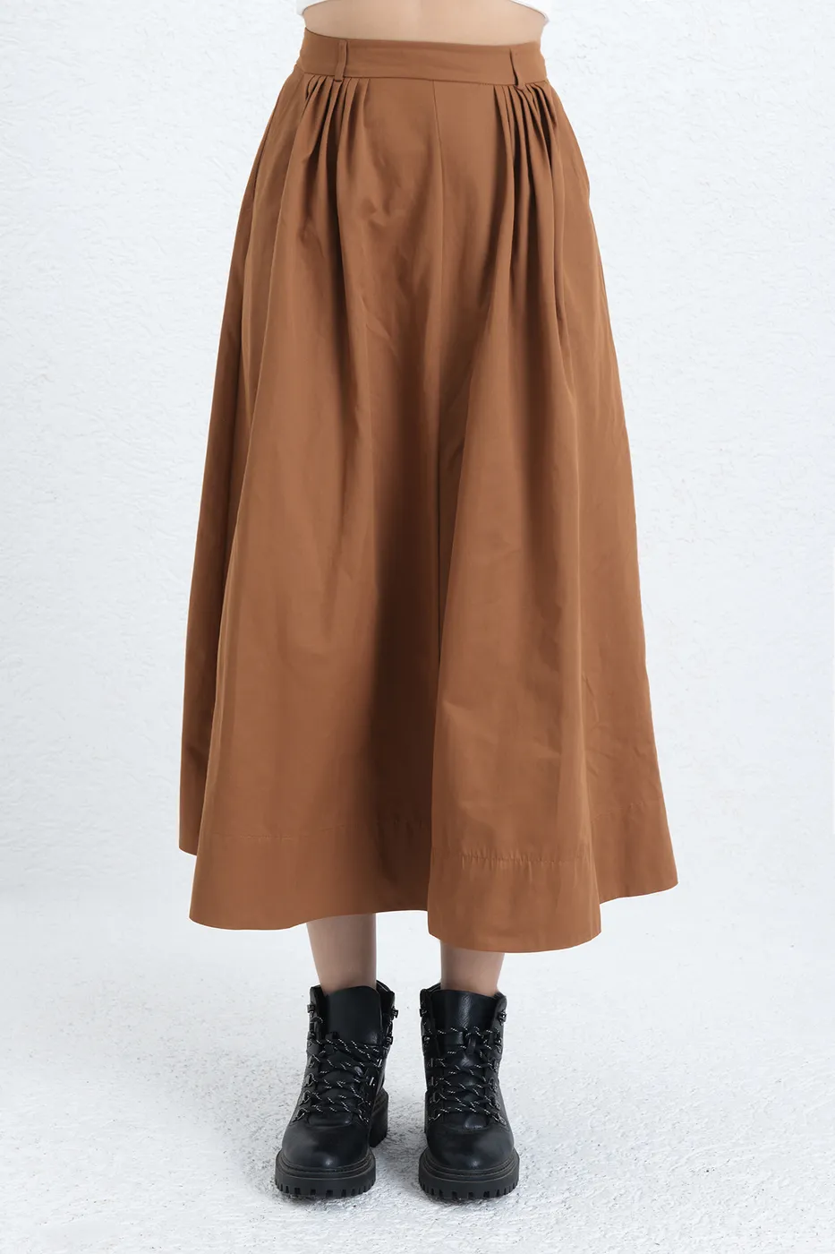 Bayan Kahverengi Pileli Midi Etek