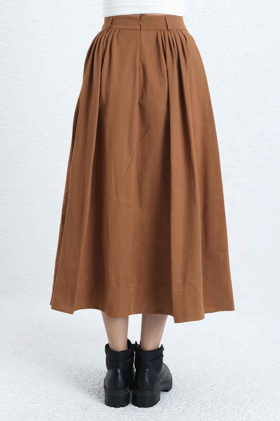 Bayan Kahverengi Pileli Midi Etek